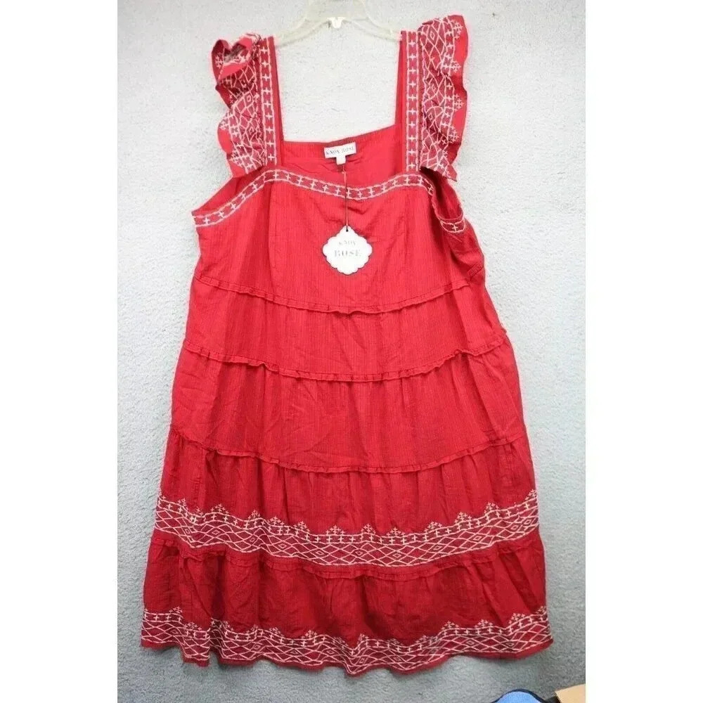 Knox Rose Red Tiered Embroidered Midi Dress-2X-New w/Tags